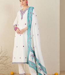 Floral Embroidered Thread Work Pure Cotton V-Neck Kurta With Trouser & Dupatta