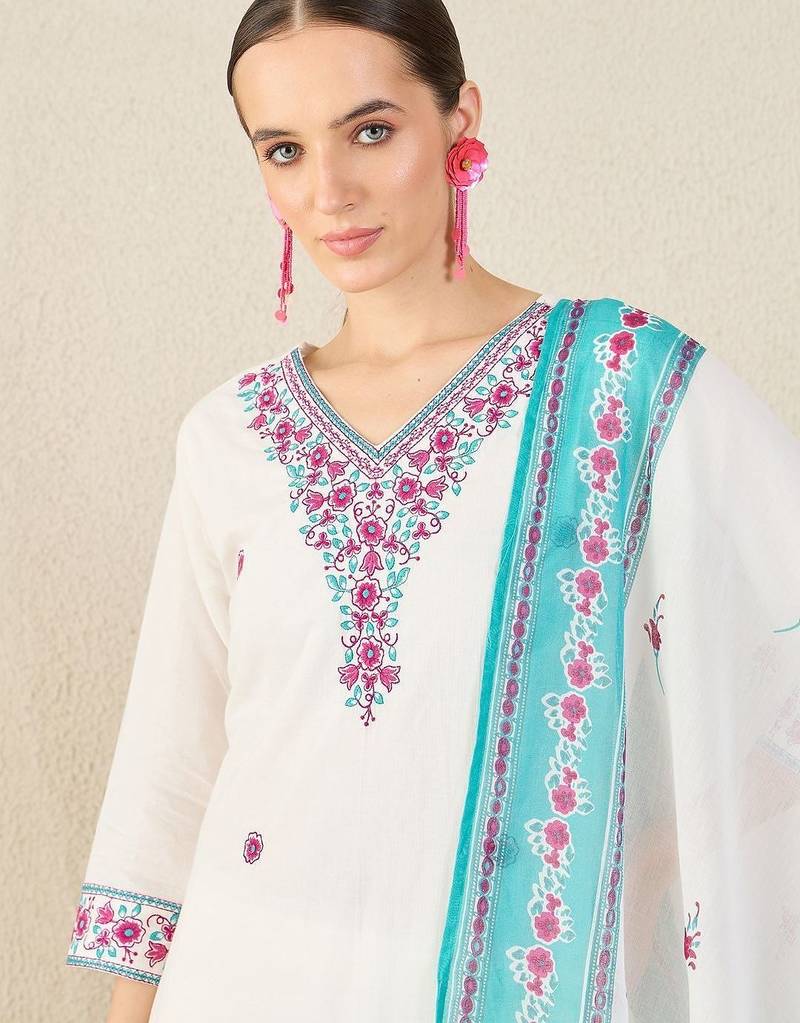 Floral Embroidered Thread Work Pure Cotton V-Neck Kurta With Trouser & Dupatta