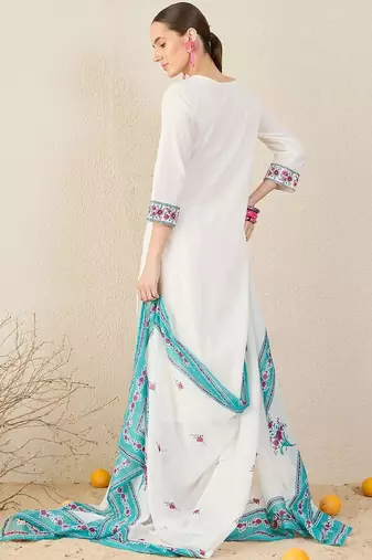 Floral Embroidered Thread Work Pure Cotton V-Neck Kurta With Trouser & Dupatta