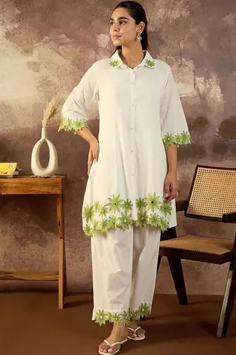 Floral Embroidered Thread Work Pure Cotton Kurta With Palazzo