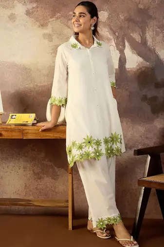 Floral Embroidered Thread Work Pure Cotton Kurta With Palazzo