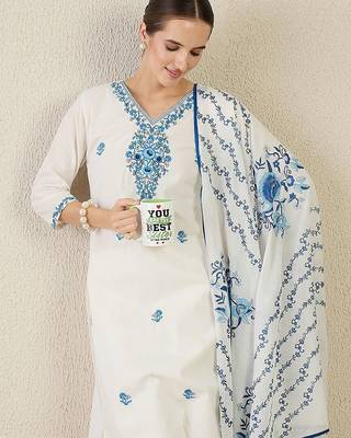 Women Floral Embroidered Cotton Kurta with Trousers & Dupatta 1