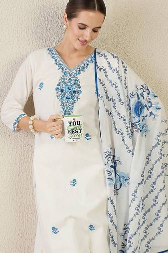 Women Floral Embroidered Cotton Kurta with Trousers & Dupatta