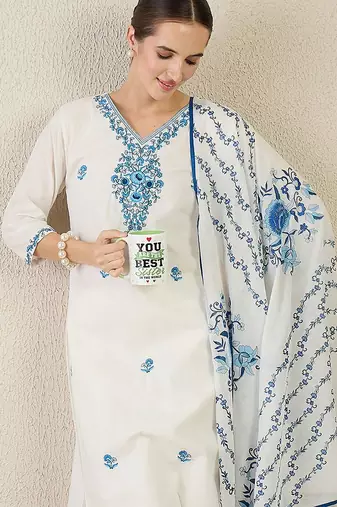 Women Floral Embroidered Cotton Kurta with Trousers & Dupatta
