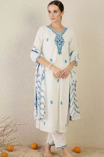 Women Floral Embroidered Cotton Kurta with Trousers & Dupatta