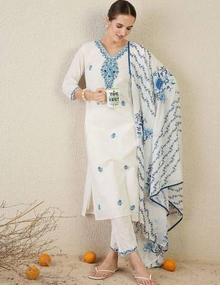 Women Floral Embroidered Cotton Kurta with Trousers & Dupatta 4