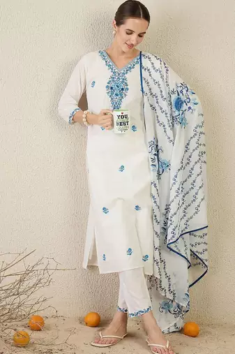 Women Floral Embroidered Cotton Kurta with Trousers & Dupatta