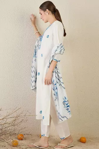 Women Floral Embroidered Cotton Kurta with Trousers & Dupatta