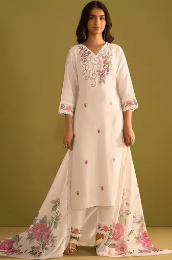 Women Floral Embroidered Regular Thread Work Kurta with Trousers & With Dupatta