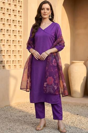 Women Angrakha Kurta with Trousers & With Dupatta