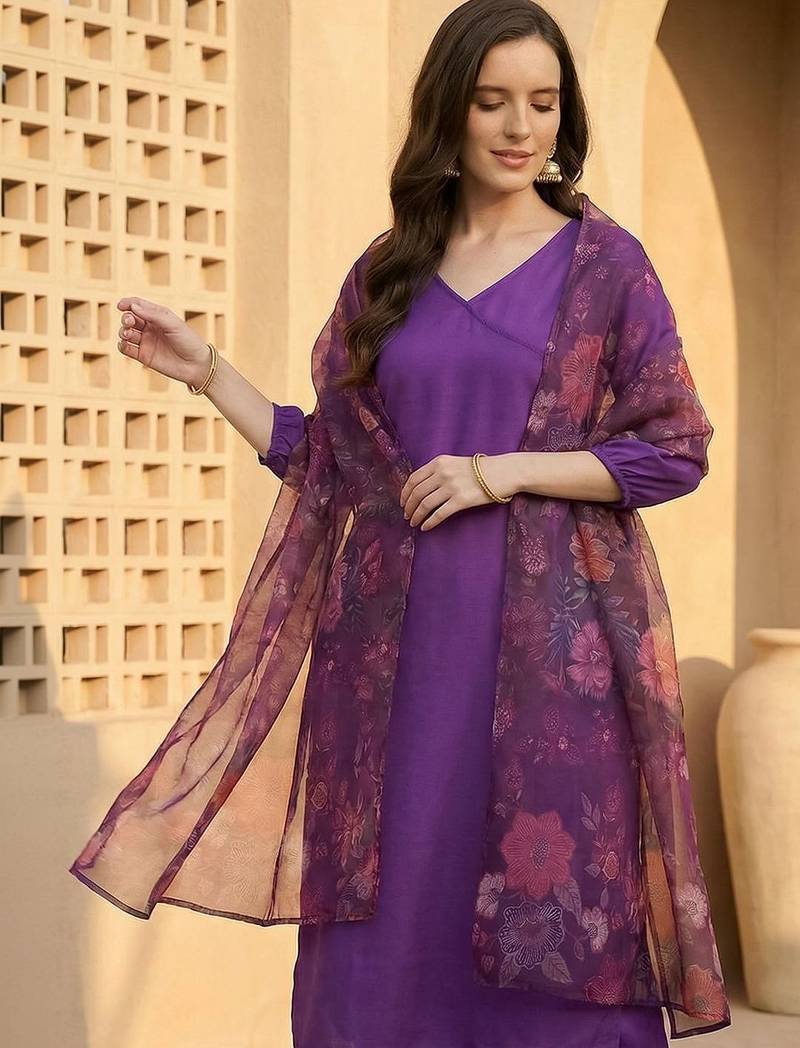 Women Angrakha Kurta with Trousers & With Dupatta