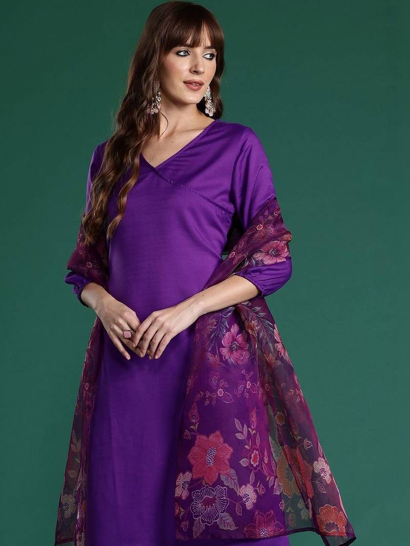 Women Angrakha Kurta with Trousers & With Dupatta