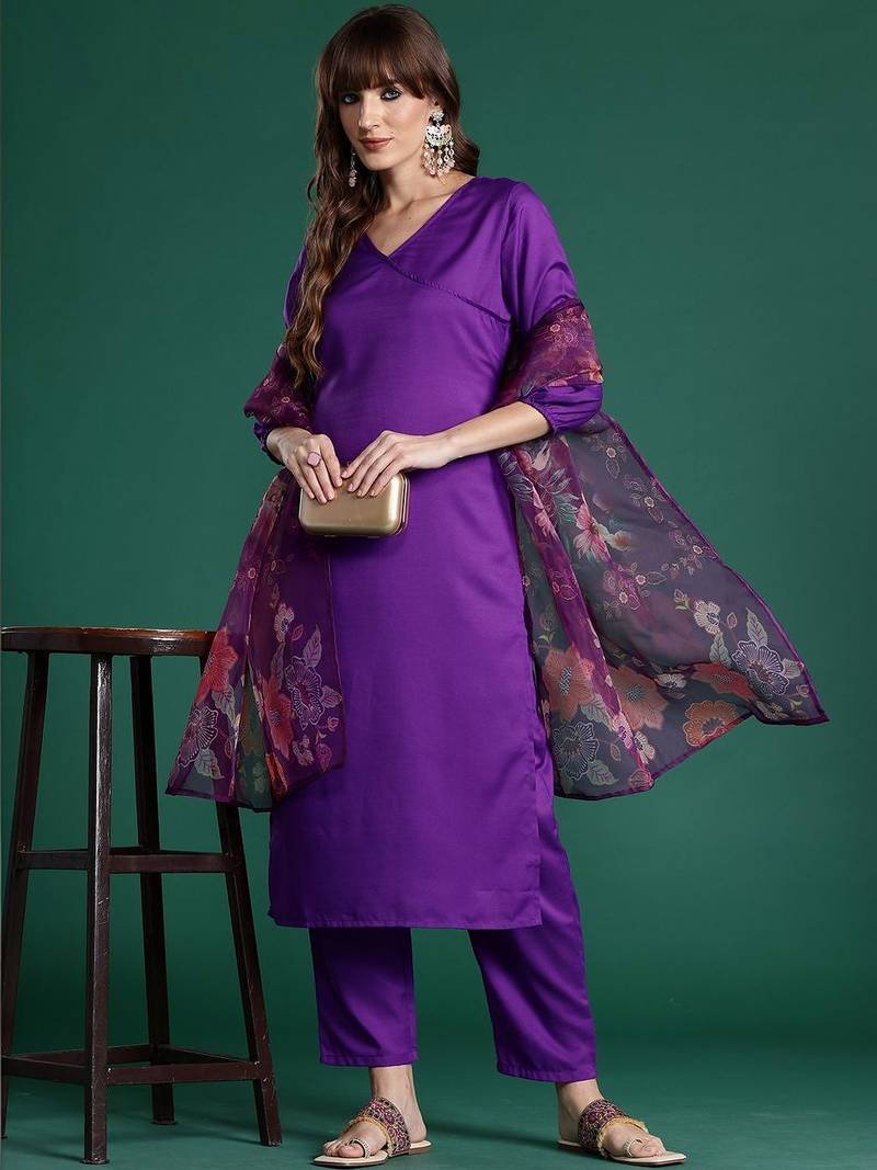 Women Angrakha Kurta with Trousers & With Dupatta