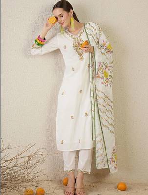 Women Floral Embroidered Regular Thread Work Pure Cotton Kurta with Trousers & With Dupatta 1