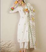 Women Floral Embroidered Regular Thread Work Pure Cotton Kurta with Trousers & With Dupatta