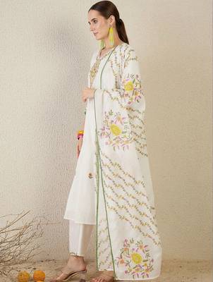 Women Floral Embroidered Regular Thread Work Pure Cotton Kurta with Trousers & With Dupatta 3