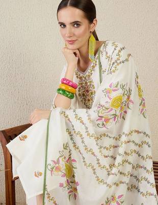 Women Floral Embroidered Regular Thread Work Pure Cotton Kurta with Trousers & With Dupatta 5