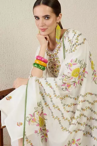 Women Floral Embroidered Regular Thread Work Pure Cotton Kurta with Trousers & With Dupatta
