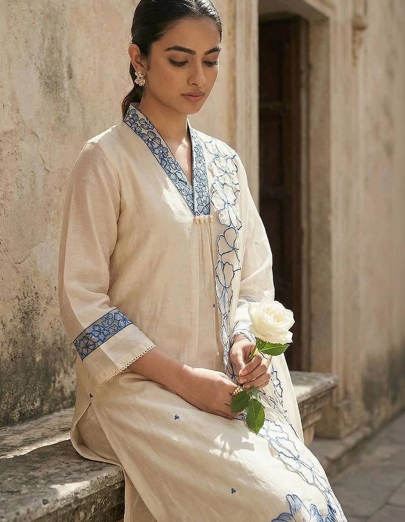 Women Floral Embroidered Regular Thread Work Kurta with Trousers & With Dupatta