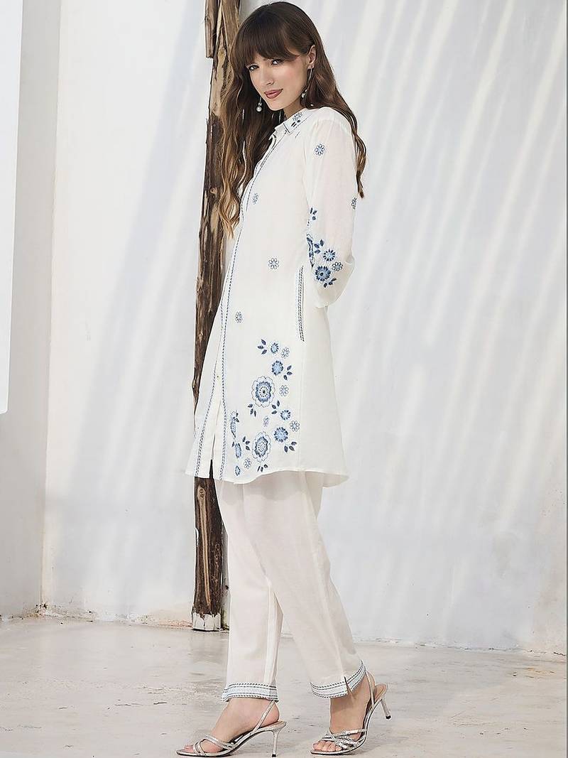 Women Floral Embroidered Regular Thread Work Pure Cotton Kurta with Trousers