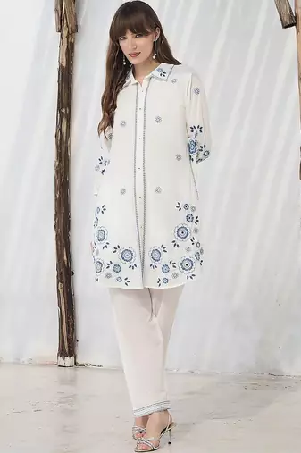 Women Floral Embroidered Regular Thread Work Pure Cotton Kurta with Trousers