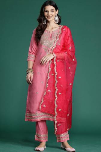 Women Ethnic Motifs Embroidered Regular Kurta with Trousers & With Dupatta