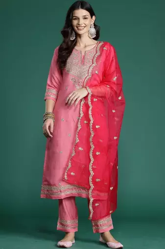 Women Ethnic Motifs Embroidered Regular Kurta with Trousers & With Dupatta