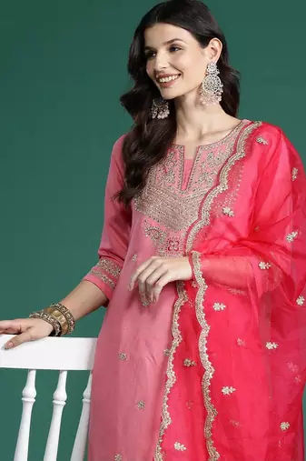 Women Ethnic Motifs Embroidered Regular Kurta with Trousers & With Dupatta