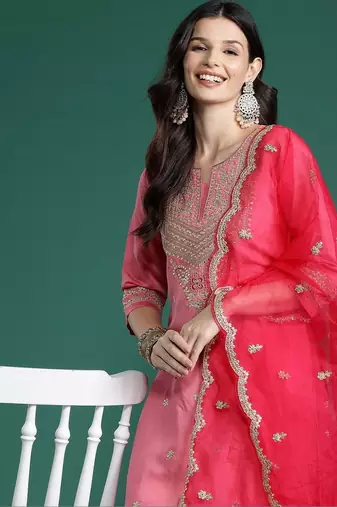 Women Ethnic Motifs Embroidered Regular Kurta with Trousers & With Dupatta