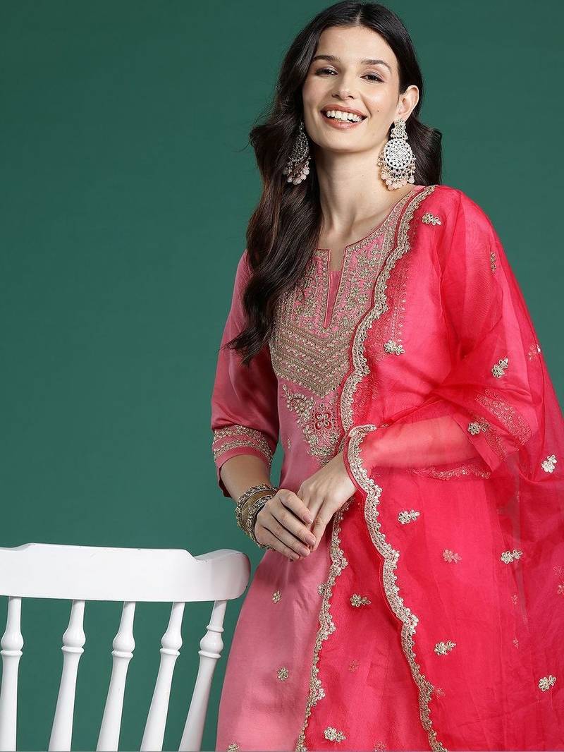Women Ethnic Motifs Embroidered Regular Kurta with Trousers & With Dupatta