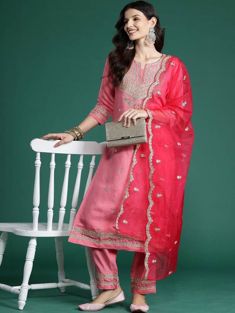 Women Ethnic Motifs Embroidered Regular Kurta with Trousers & With Dupatta
