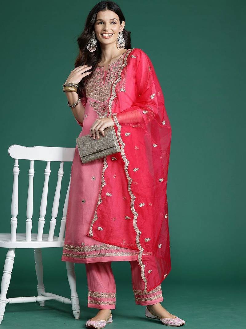 Women Ethnic Motifs Embroidered Regular Kurta with Trousers & With Dupatta