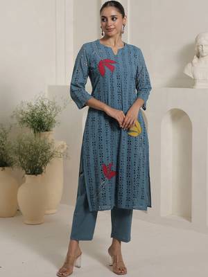 Women Floral Embroidered Regular Thread Work Pure Cotton Kurta with Trousers 3