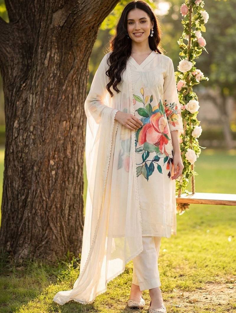 Women Floral Printed Regular Kurta with Trousers & With Dupatta