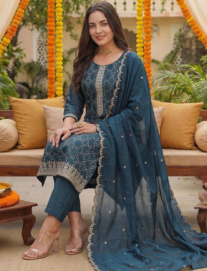 Women Ethnic Motifs Embroidered Regular Thread Work Kurta with Trousers & With Dupatta