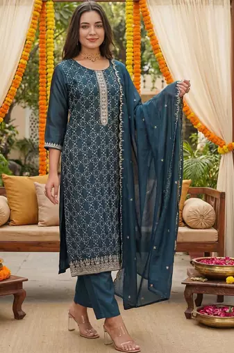 Women Ethnic Motifs Embroidered Regular Thread Work Kurta with Trousers & With Dupatta