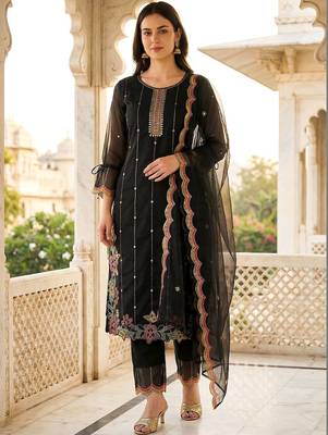 Women Ethnic Motifs Embroidered Regular Thread Work Kurta with Trousers & With Dupatta 1