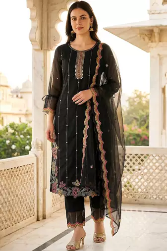 Women Ethnic Motifs Embroidered Regular Thread Work Kurta with Trousers & With Dupatta