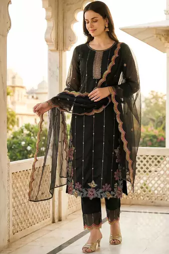 Women Ethnic Motifs Embroidered Regular Thread Work Kurta with Trousers & With Dupatta