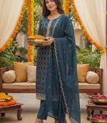 Women Ethnic Motifs Embroidered Regular Thread Work Kurta with Trousers & With Dupatta