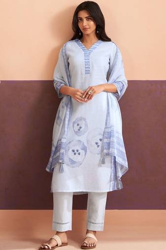 Women Printed Regular Linen Kurta with Trousers & With Dupatta