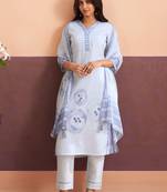 Women Printed Regular Linen Kurta with Trousers & With Dupatta