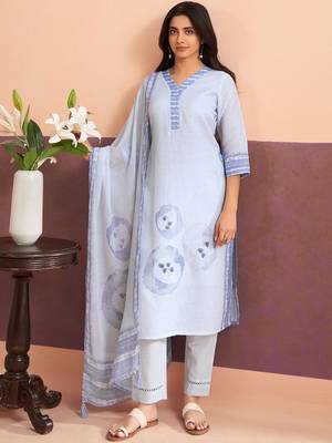 Women Printed Regular Linen Kurta with Trousers & With Dupatta 2