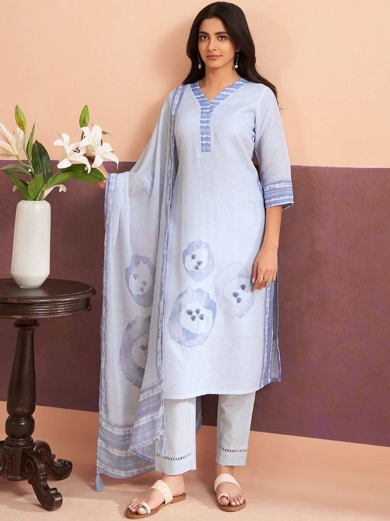 Women Printed Regular Linen Kurta with Trousers & With Dupatta