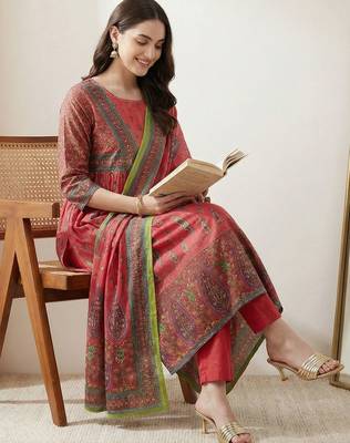 Women Ethnic Motifs Printed Empire Sequinned Pure Cotton Kurta with Trousers & With Dupatta 1