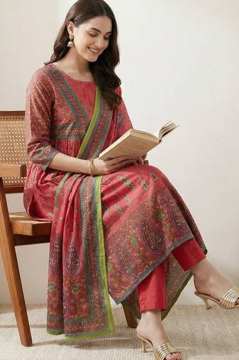 Women Ethnic Motifs Printed Empire Sequinned Pure Cotton Kurta with Trousers & With Dupatta