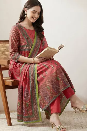 Women Ethnic Motifs Printed Empire Sequinned Pure Cotton Kurta with Trousers & With Dupatta