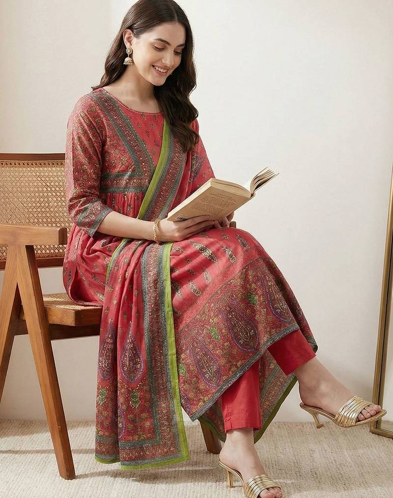 Women Ethnic Motifs Printed Empire Sequinned Pure Cotton Kurta with Trousers & With Dupatta