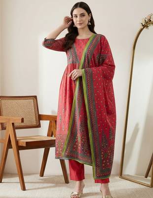 Women Ethnic Motifs Printed Empire Sequinned Pure Cotton Kurta with Trousers & With Dupatta 2