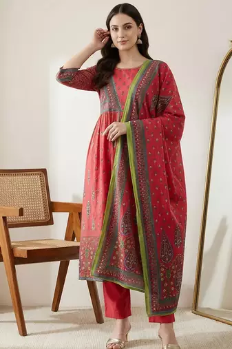 Women Ethnic Motifs Printed Empire Sequinned Pure Cotton Kurta with Trousers & With Dupatta